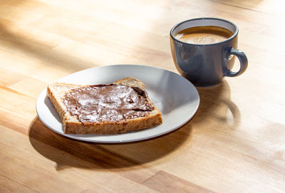 High angle view of breakfast served on table