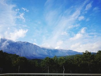 Scenic view of trees and mountains against sky