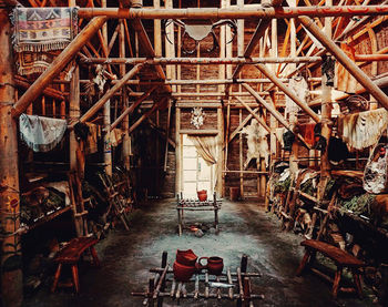 Empty chairs in abandoned building