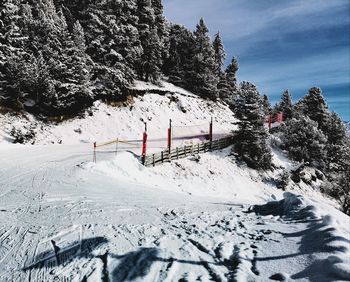 Snow covered land against sky