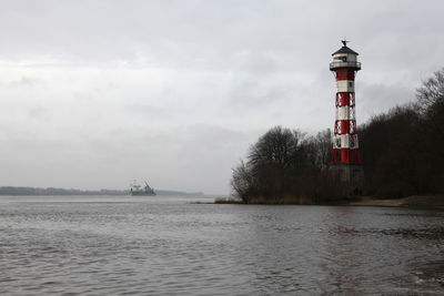 Lighthouse by sea against sky