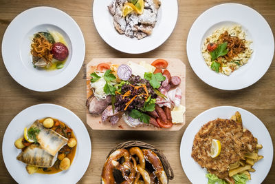 High angle view of food served on table
