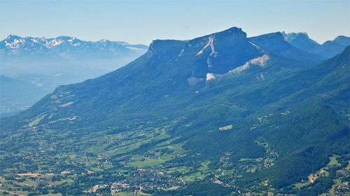 Aerial view of landscape and mountains against sky