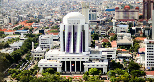 High angle view of buildings in city