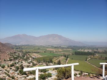 Scenic view of landscape and mountains against clear blue sky