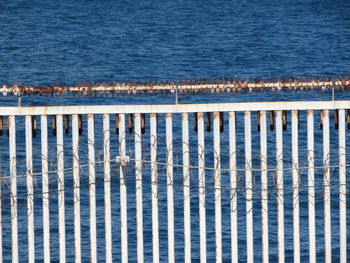 High angle view of sea against blue sky