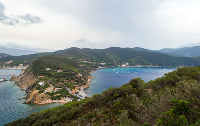 Aerial landscape view of the little peninsula of monte enfola in elba island, italy