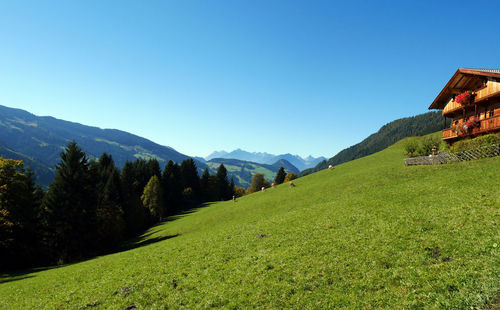 Countryside landscape against clear blue sky