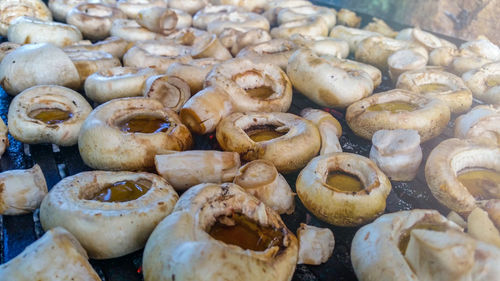 High angle view of mushrooms for sale