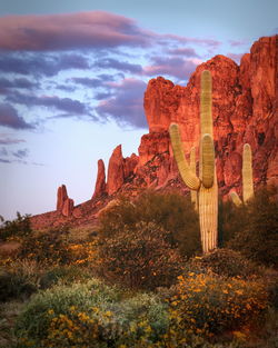 Rock formations on landscape against cloudy sky