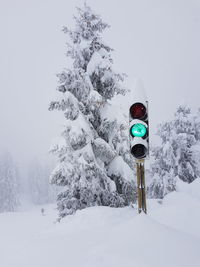 Traffic lights at the ski slope with snow covered trees 