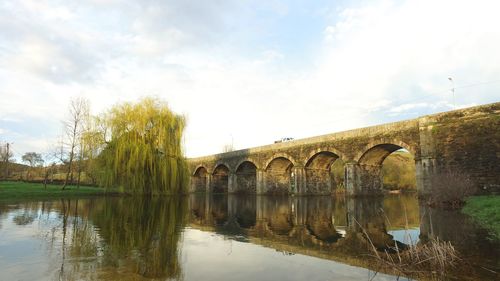 Arch bridge over river against sky