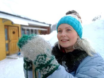 Woman wearing knit hat during winter