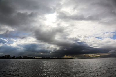 Scenic view of sea against storm clouds