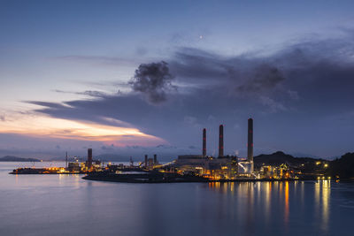 Illuminated factory by sea against sky during sunset