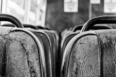 Close-up of seats on vintage bus