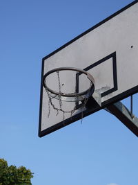 Low angle view of basketball hoop against clear blue sky