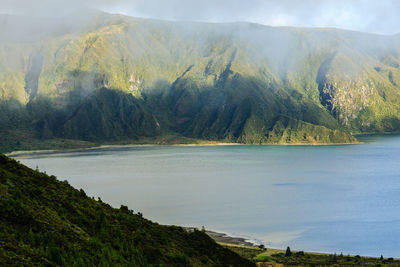 Scenic view of lake and mountains against sky