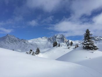 Scenic view of snowcapped mountains against sky