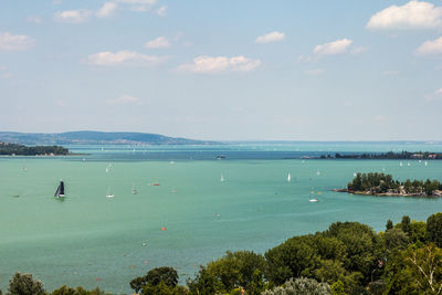 High angle view of bay against sky