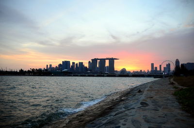 View of city at waterfront during sunset