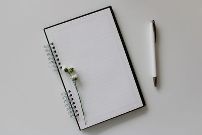 Directly above shot of pen and book on white background