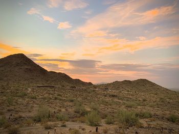 Scenic view of mountains against sky during sunset