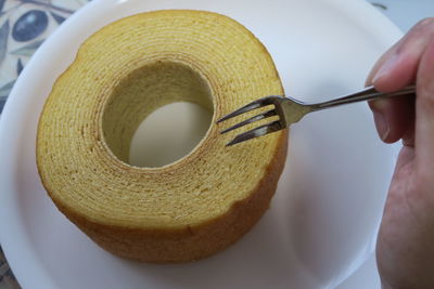 Close-up of hand holding baumkuchen