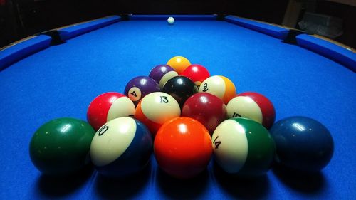 Close-up of multi colored balls on table