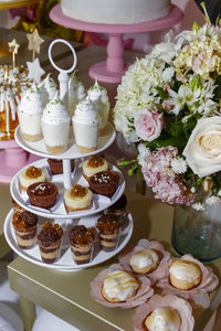 High angle view of various flowers on table