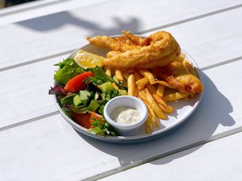 High angle view of food in plate on table