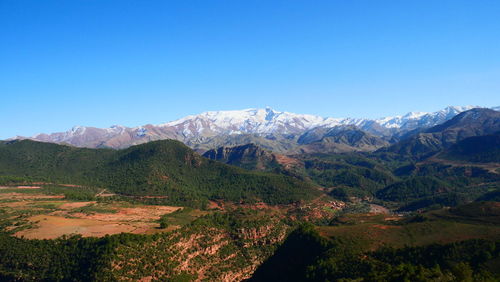 Scenic view of mountains against clear blue sky