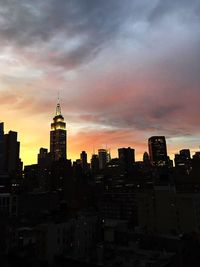 Cityscape against cloudy sky at sunset