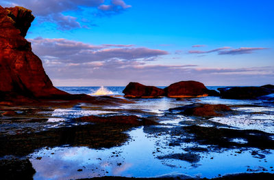 Rocks on sea against sky during sunset