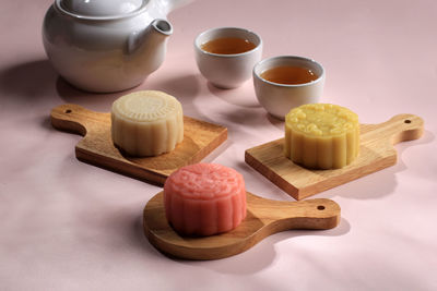 Colorful snow skin moon cake, sweet mochi mooncake, traditional sweet dessert mid autumn festival