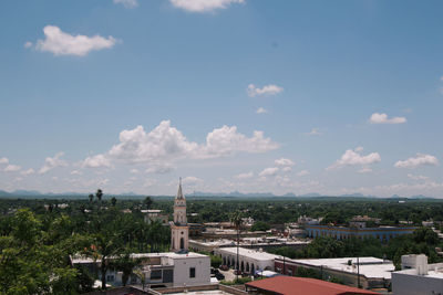 High angle view of cityscape against sky