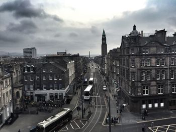 High angle view of street amidst buildings in city