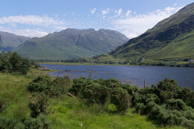 Scenic view of green landscape and mountains against sky