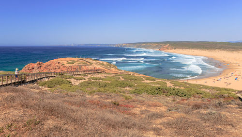 Scenic view of sea against clear blue sky