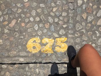 Low section of woman standing on cobblestone street