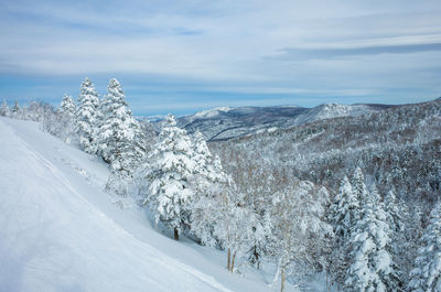 Scenic view of snow covered mountains against sky