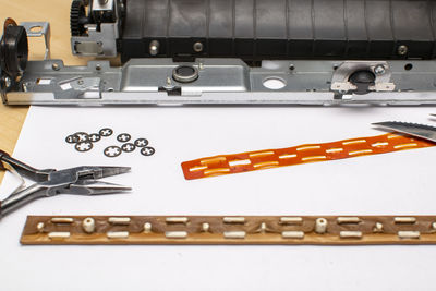 High angle view of equipment on table