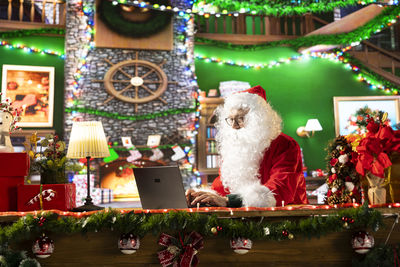 Close-up of christmas decorations on table