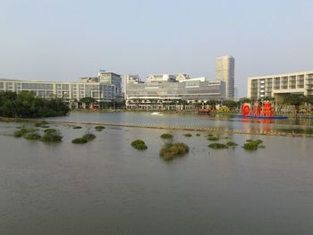 View of buildings in water