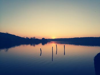 Scenic view of lake against clear sky during sunset