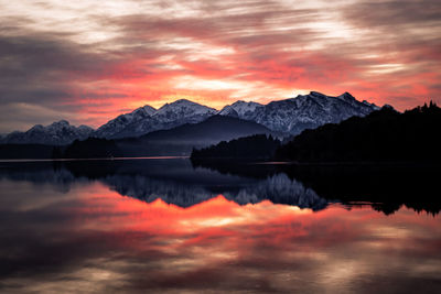 Scenic view of lake against orange sky