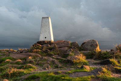 Lighthouse on rock by sea against sky