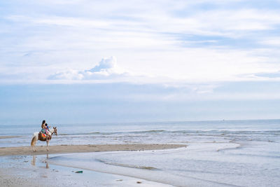 Scenic view of beach against sky women children ride horse on the beach 