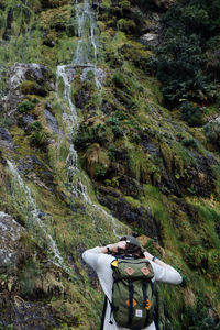 Rear view of man standing by plants in forest