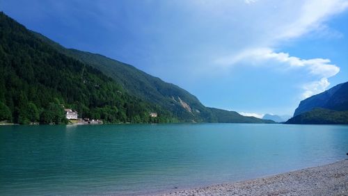 Scenic view of sea by mountains against sky